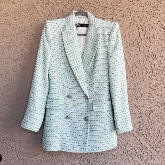 ZARA SET 2 Pc Co-Ord Suit Mint Green Textured Tweed Blazer & Pleated Mini Skirt - Picture 13 of 17